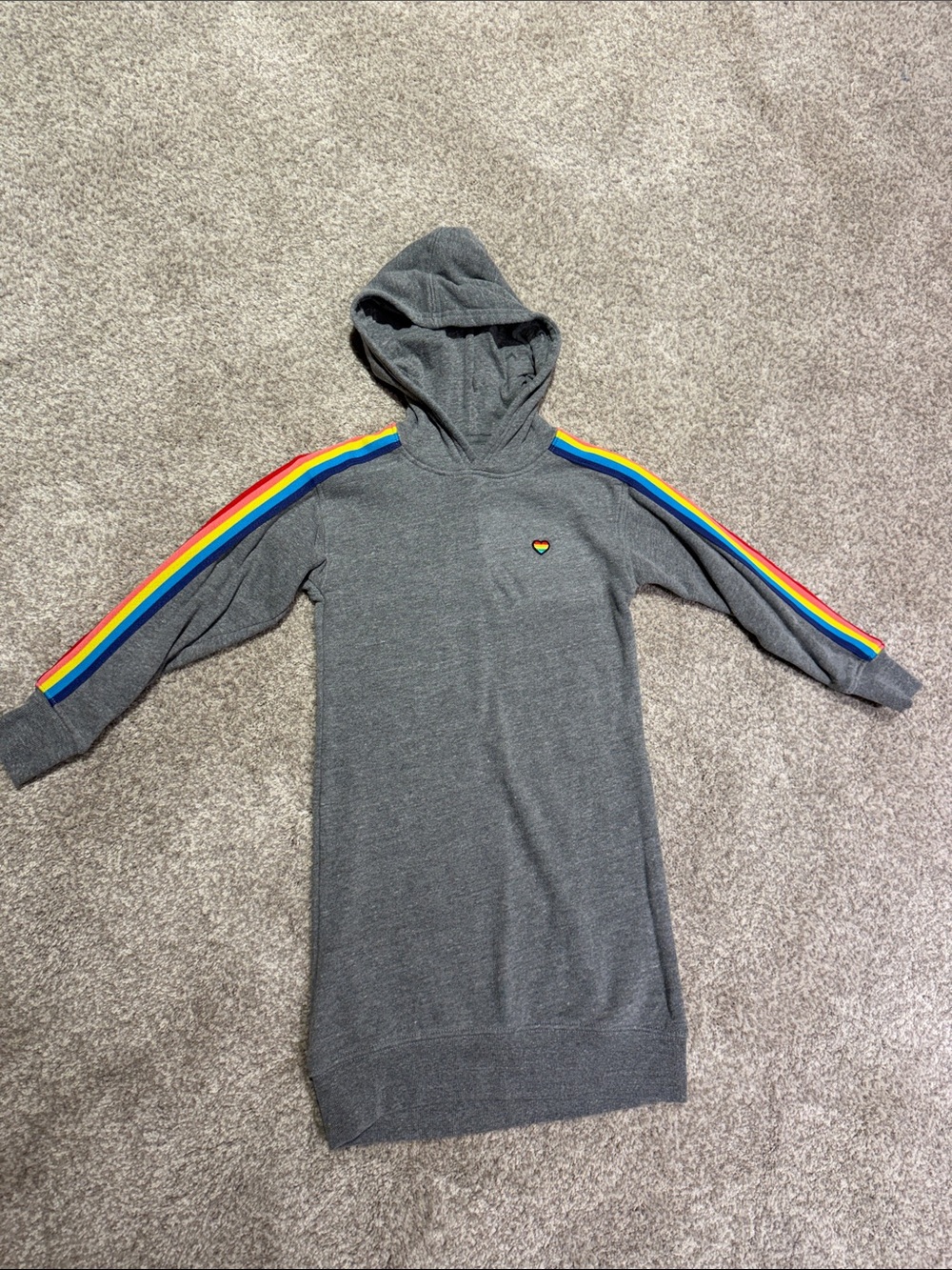 Gray Hooded Knit Dress with Rainbow Sleeve Stripes